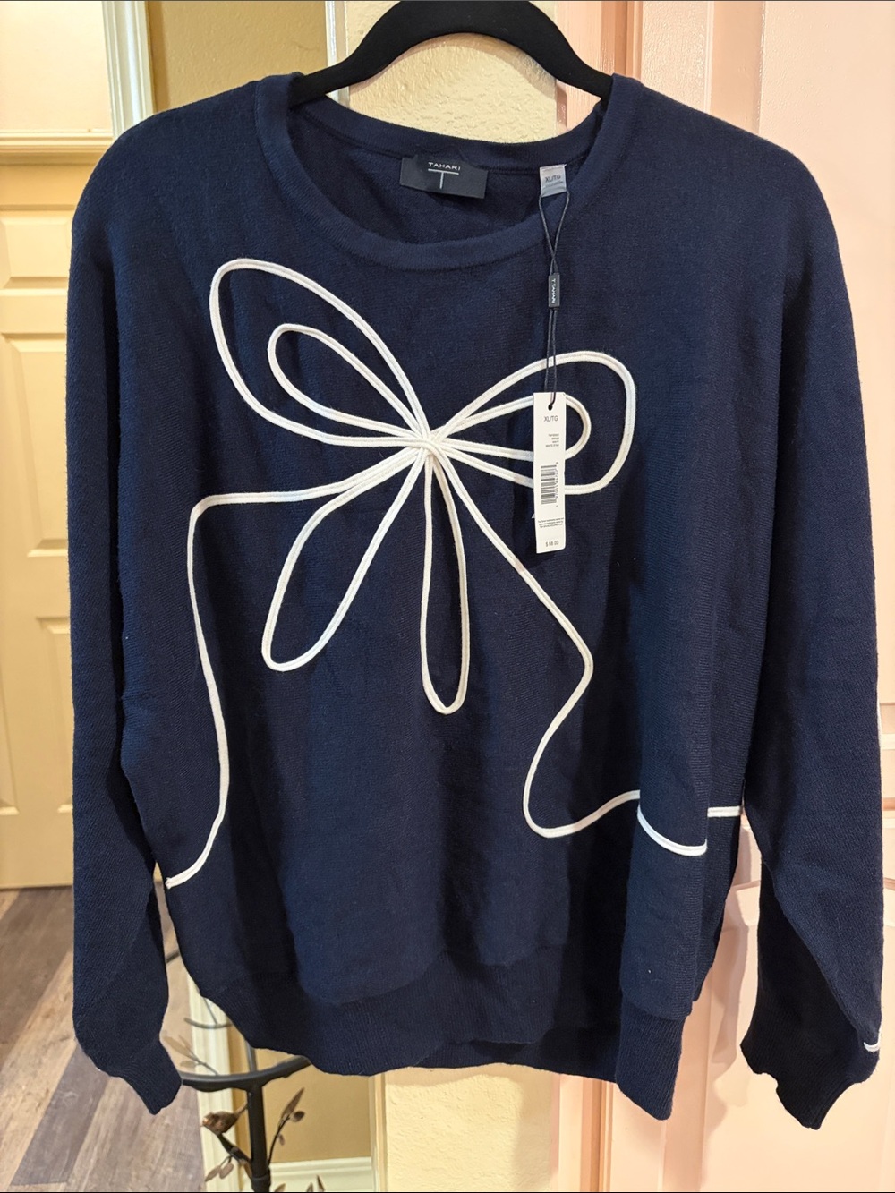 Tahari Navy Sweater with White Bow Outline